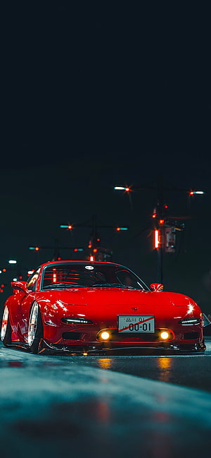Red Mazda RX-7 JDM Stance Car on Wet Night Street with Neon City Lights HD phone wallpaper