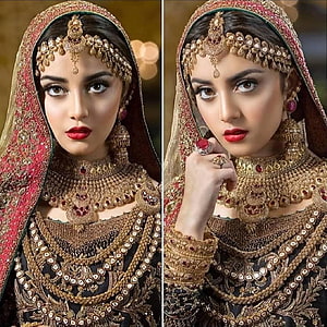Alizeh Shah in Traditional Pakistani Bridal Attire with Gold Jewelry and Red Lipstick HD phone wallpaper