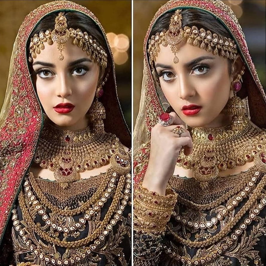 Alizeh Shah in Traditional Pakistani Bridal Attire with Gold Jewelry and Red Lipstick HD phone wallpaper
