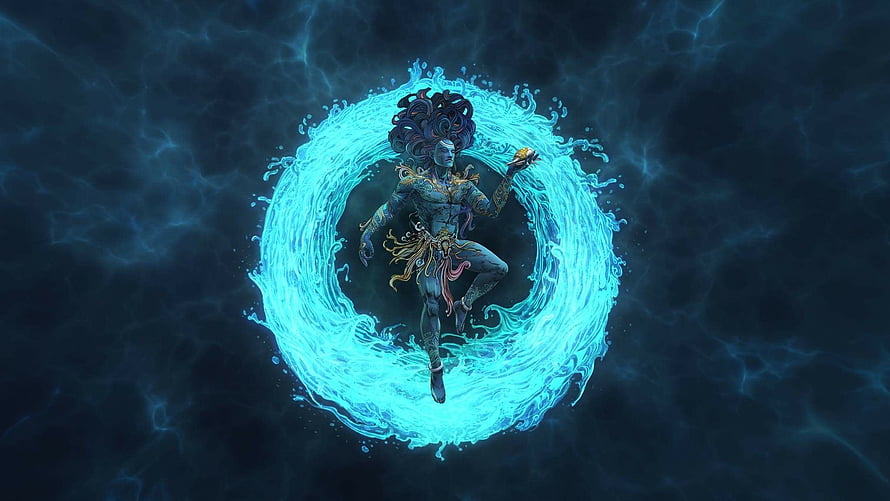 Shiva Water Form Concept Art with Glowing Blue Energy Ring HD wallpaper
