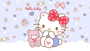 Cute Hello Kitty with Pink Teddy Bear and Pastel Candy Hearts on Soft Blue Background HD wallpaper