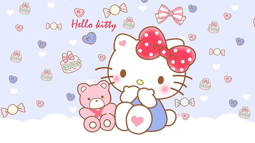 Cute Hello Kitty with Pink Teddy Bear and Pastel Candy Hearts on Soft Blue Background HD wallpaper