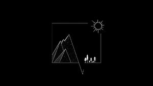 Minimalist White Line Art Mountain Landscape with Sun and Trees on Black Background HD wallpaper