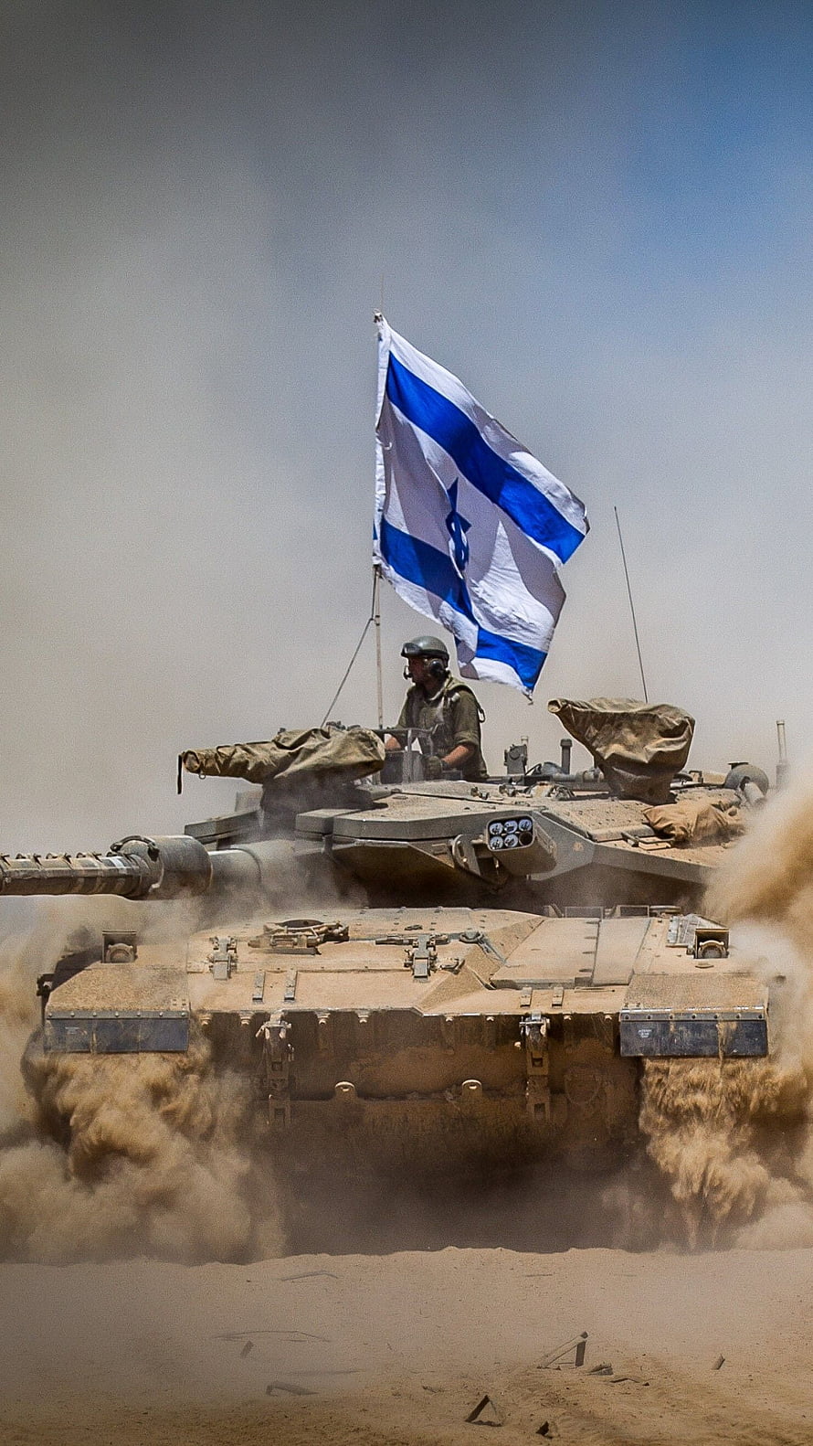 Merkava Mark IV Tank Charging Through Desert Dust With Israeli Flag Flying HD phone wallpaper