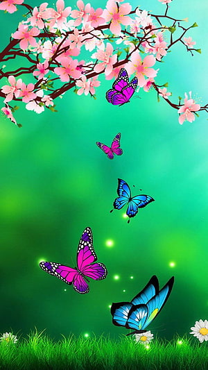 Vibrant Pink and Blue Butterflies Dancing Beneath a Blossoming Cherry Branch in a Lush Green Garden HD phone wallpaper