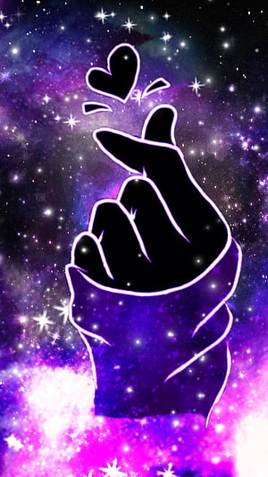 Neon Finger Heart Gesture Against a Vibrant Purple Galaxy Nebula Background HD phone wallpaper
