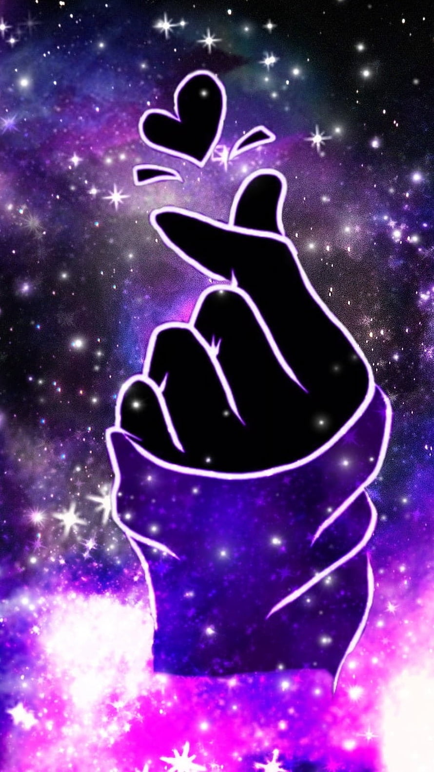 Neon Finger Heart Gesture Against a Vibrant Purple Galaxy Nebula Background HD phone wallpaper