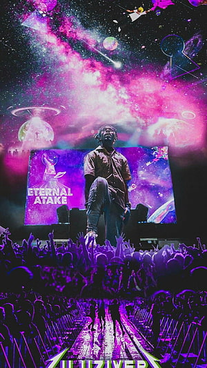 Lil Uzi Vert Live Concert Stage with Cosmic Purple Nebula Backdrop and Crowd HD phone wallpaper