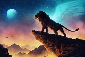 Majestic Lion Standing on Rocky Cliff Under Starry Sky with Glowing Moon and Ethereal Wings HD wallpaper