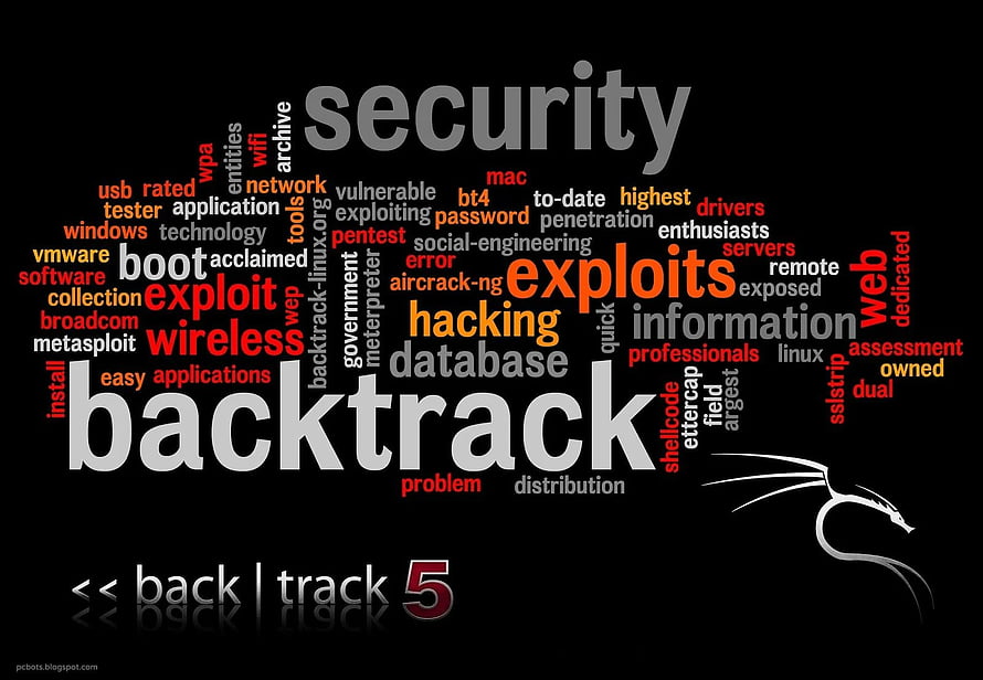 Backtrack 5 Hacking Word Cloud with Security and Exploit Terminology on Black Background HD wallpaper