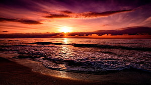 Vibrant Ocean Sunset with Dramatic Purple and Orange Clouds Over a Sandy Shore HD wallpaper