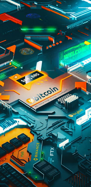 Bitcoin Circuit Board with Binance and FTX Logos in Neon Cyberpunk Style HD phone wallpaper