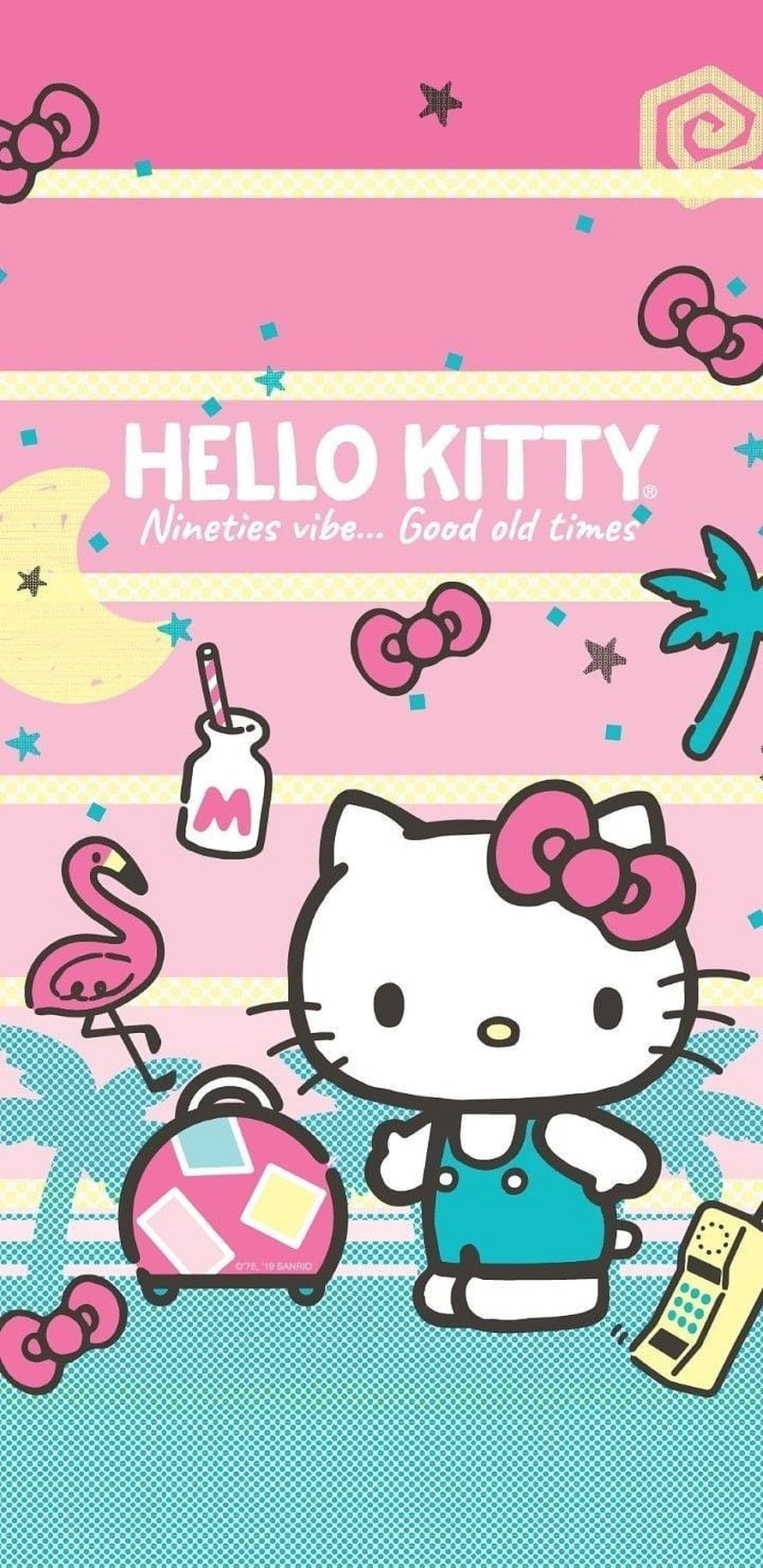 Hello Kitty Nineties Vibe with Retro Phone, Suitcase, and Pink Flamingo on Pastel Background HD phone wallpaper