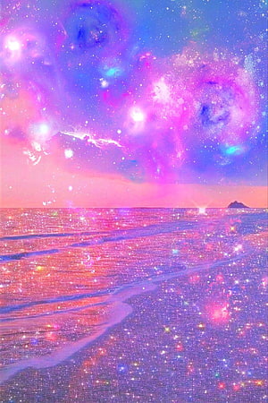 Dreamy Pink and Purple Galaxy Beach with Sparkling Ocean and Nebula Sky HD phone wallpaper
