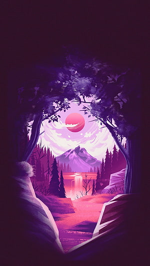 Purple Mountain Landscape With Red Sun And Pine Forest Framed By Trees HD phone wallpaper