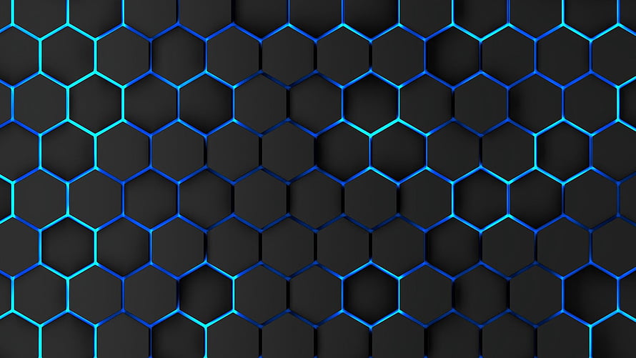 Dark Hexagonal Honeycomb Pattern with Glowing Blue Neon Grid Lines HD wallpaper