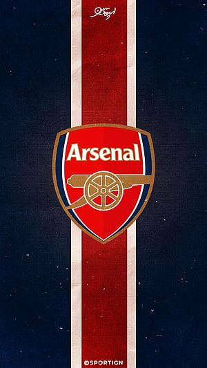 Arsenal FC Crest on Vintage Red and Navy Striped Background HD phone wallpaper