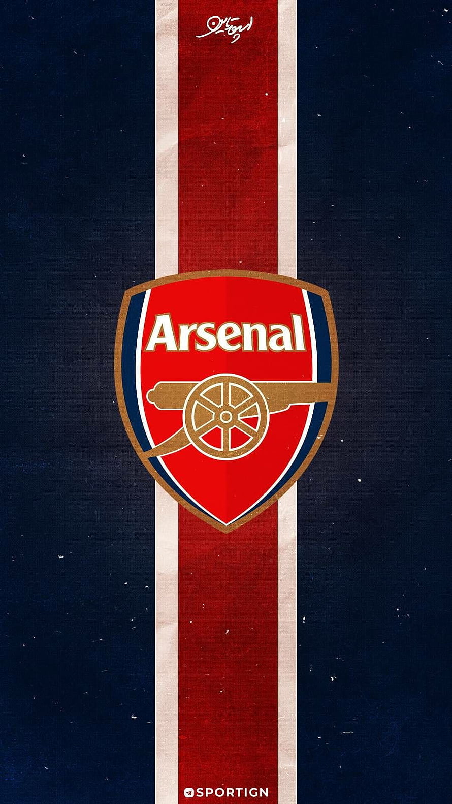 Arsenal FC Crest on Vintage Red and Navy Striped Background HD phone wallpaper