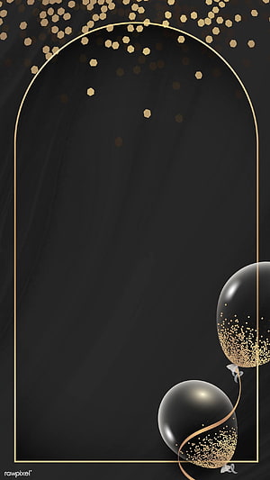 Elegant Black and Gold Balloon Frame with Hexagonal Confetti and Arched Border HD phone wallpaper