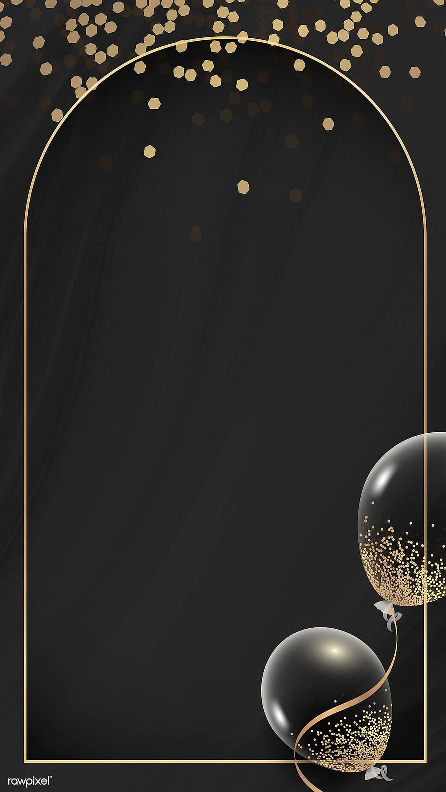 Elegant Black and Gold Balloon Frame with Hexagonal Confetti and Arched Border HD phone wallpaper