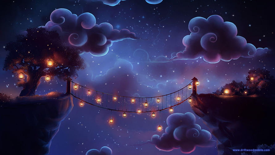 Enchanted Night Sky with Glowing Lantern Bridge and Floating Clouds HD wallpaper