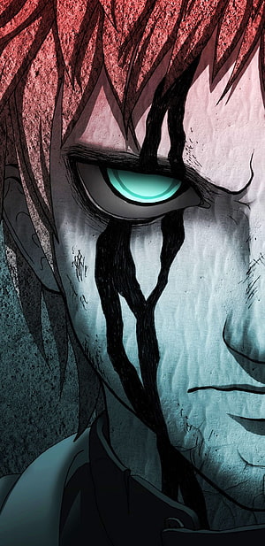 Gaara Close-Up Portrait With Glowing Cyan Eye And Dark Tears HD phone wallpaper