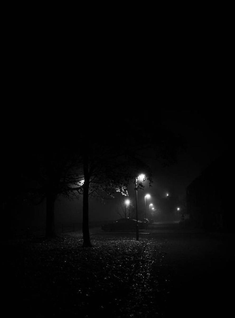Moody Black and White Photograph of a Rainy Street at Night with Glowing Streetlights HD phone wallpaper