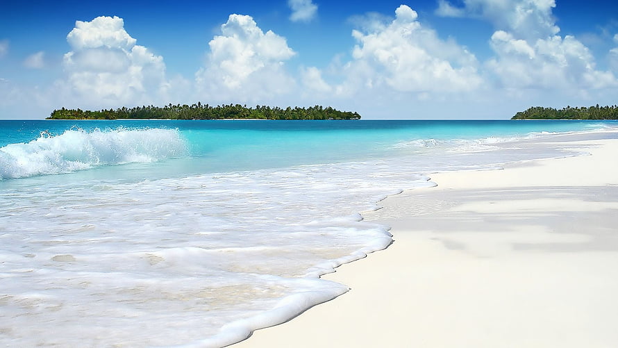 Tropical Island Beach with Turquoise Water and White Sand Under Blue Sky HD wallpaper