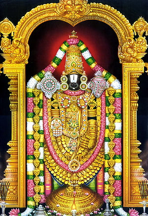 Tirupati Balaji Golden Deity Ornamented with Flower Garlands in Temple Arch HD phone wallpaper