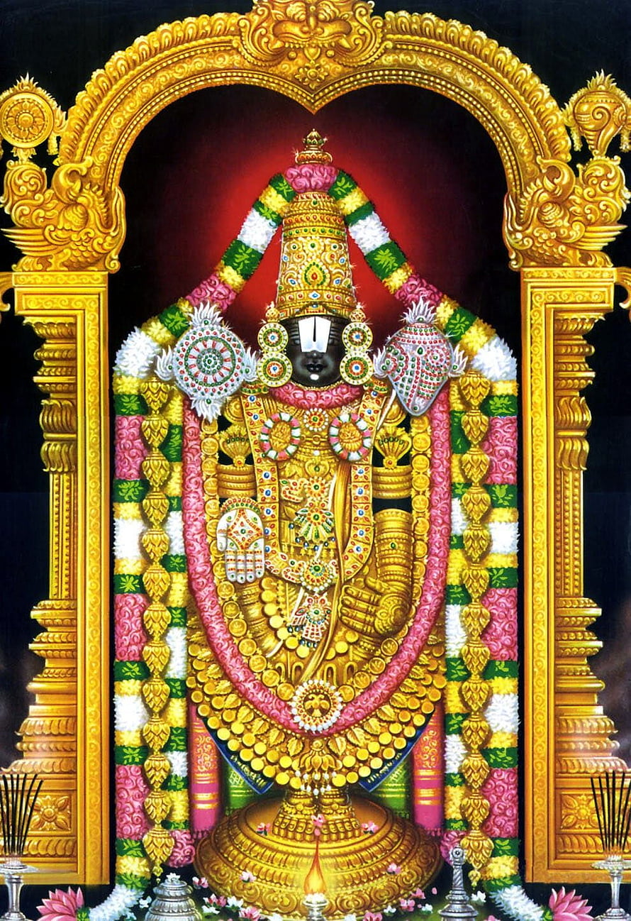 Tirupati Balaji Golden Deity Ornamented with Flower Garlands in Temple Arch HD phone wallpaper