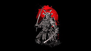 Samurai Warrior in Full Armor with Katana Against a Red Moon on Black Background HD wallpaper