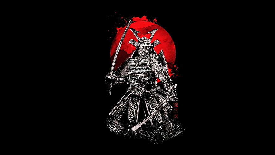 Samurai Warrior in Full Armor with Katana Against a Red Moon on Black Background HD wallpaper