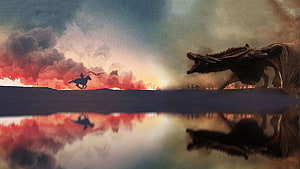 Game of Thrones Drogon Dragon and Knight Silhouette Over Water Reflection HD wallpaper
