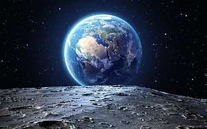 Earth Rising Over the Moon's Cratered Surface in Deep Space HD wallpaper
