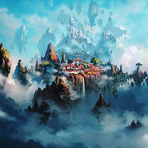 Mystical Floating Mountain City with Waterfalls and Clouds in Fantasy Landscape HD phone wallpaper