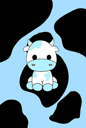 Cute Blue and White Cartoon Cow Sitting on Black and Blue Cow Print Background HD phone wallpaper
