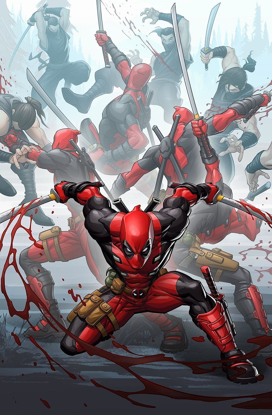 Deadpool Wielding Dual Katanas in Dynamic Comic Book Battle Scene HD phone wallpaper