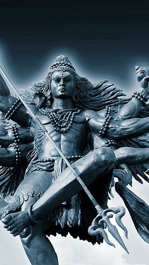 Majestic Shiva Mahadev Statue Holding Trishula and Bow in Dramatic Monochrome HD phone wallpaper