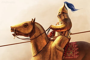 Persian Cataphract Warrior on Armored Horse with Lance and Golden Scale Armor HD wallpaper