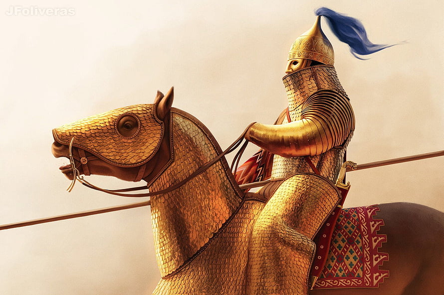Persian Cataphract Warrior on Armored Horse with Lance and Golden Scale Armor HD wallpaper