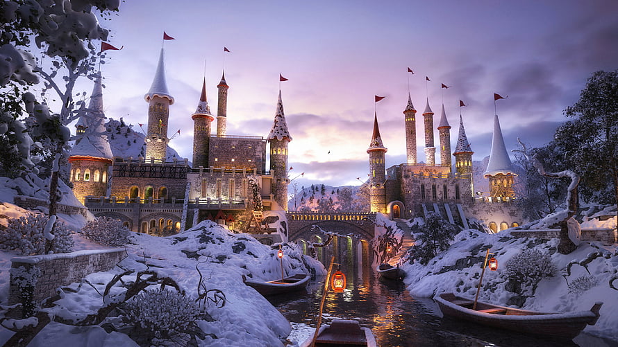 Snow-Covered Fantasy Castle at Dusk with Illuminated Turrets and River Boats HD wallpaper