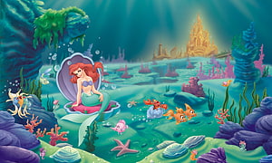 Ariel from The Little Mermaid Sitting in a Giant Shell in an Underwater Kingdom HD wallpaper