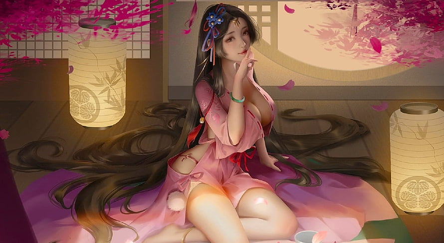 Elegant Asian Woman in Pink Hanfu Sitting in Traditional Room with Lanterns and Cherry Blossoms, Pink Fantasy, , girl, woman, asian, art, serene, delicate, digital, pink, pretty, fantasy HD wallpaper