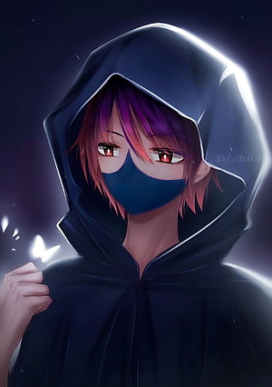 Anime Character in Dark Hooded Cloak with Face Mask and Glowing Butterfly HD phone wallpaper