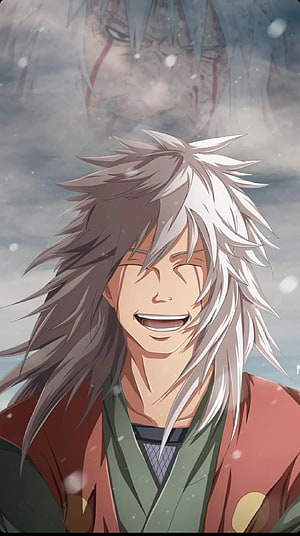 Jiraiya from Naruto smiling with long white hair in a snowy scene HD phone wallpaper