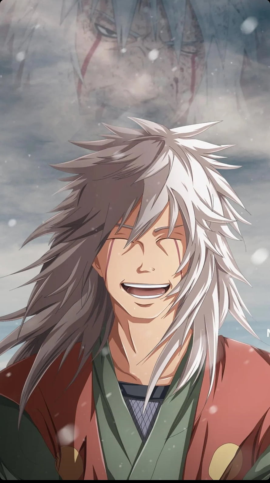 Jiraiya from Naruto smiling with long white hair in a snowy scene HD phone wallpaper