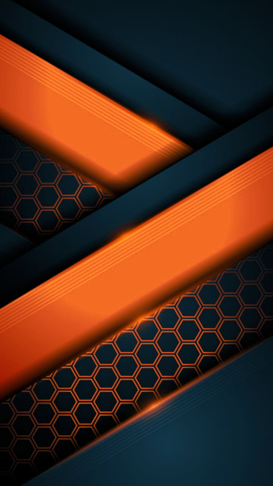 Abstract Geometric Tech Wallpaper with Orange Diagonal Strips and Hexagonal Mesh Pattern on Dark Blue Background HD phone wallpaper