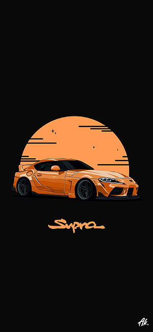 Orange Toyota Supra Vector Illustration Against Black Background With Sunset Circle HD phone wallpaper