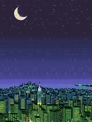 Pixel Art Night City Skyline with Crescent Moon and Starry Sky HD phone wallpaper