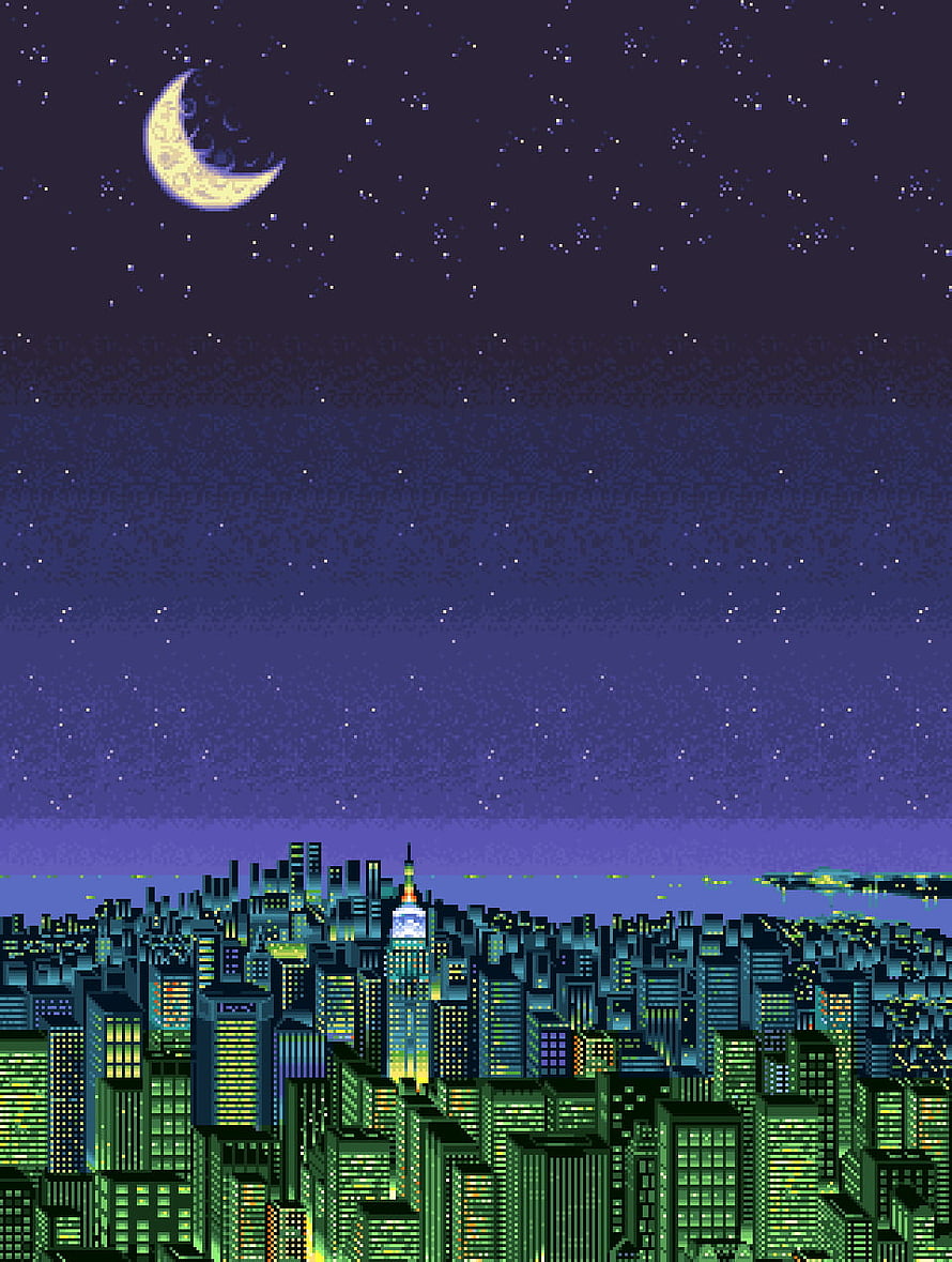 Pixel Art Night City Skyline with Crescent Moon and Starry Sky HD phone wallpaper